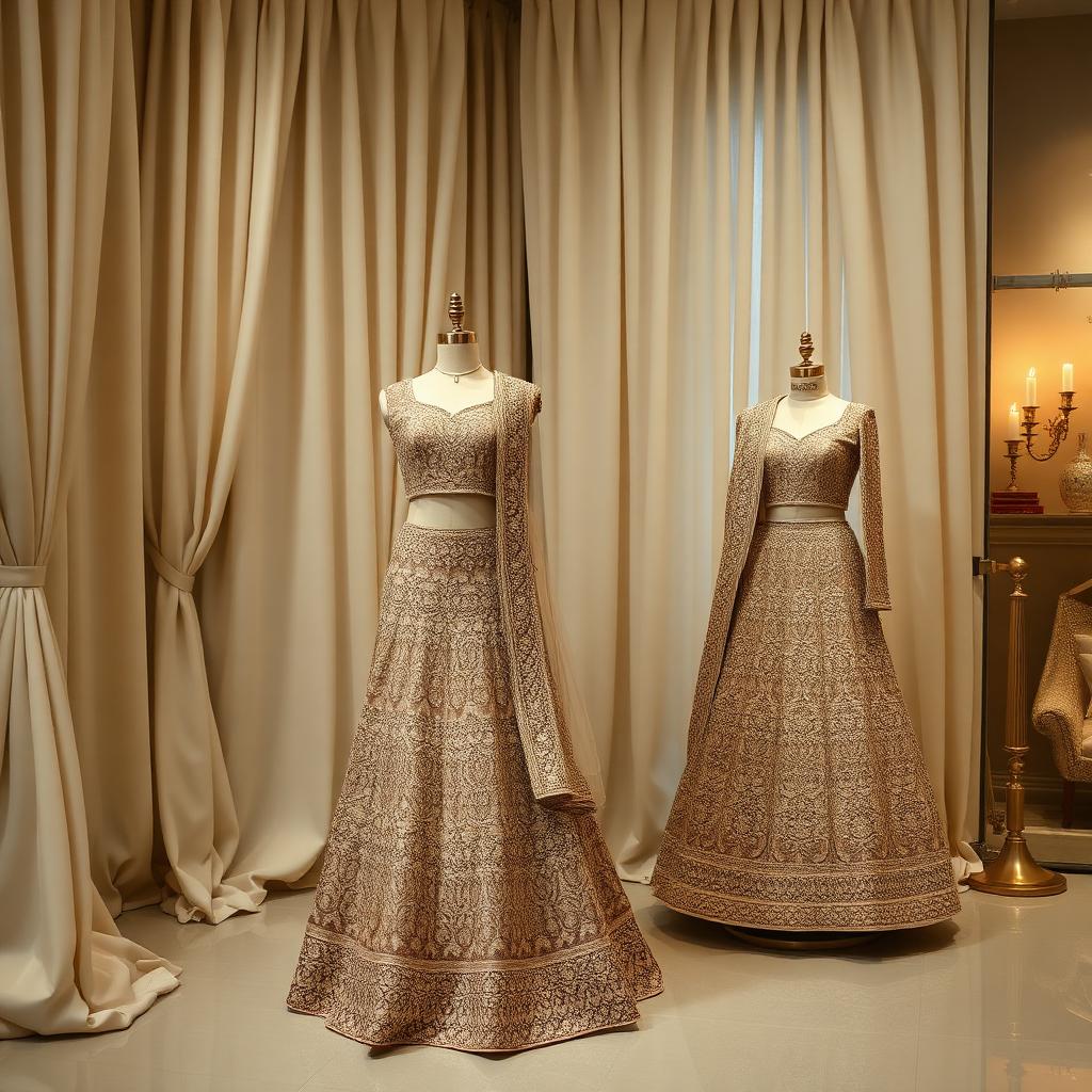 Embroidered designer gowns displayed in the boutique