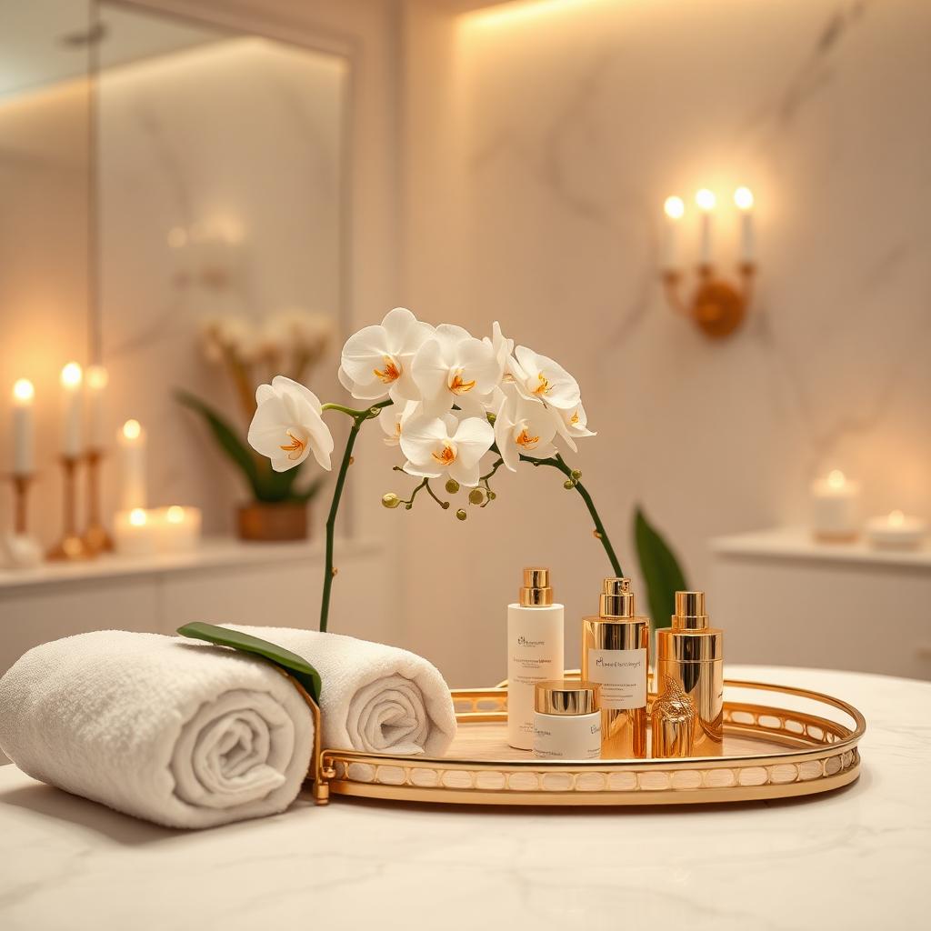 Spa treatment table with white orchids, towels and skincare