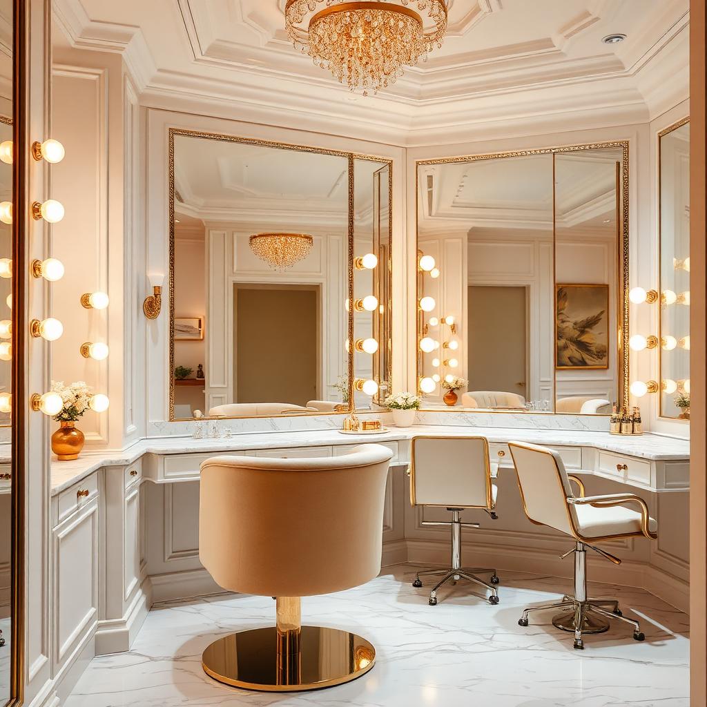 Ivory and gold luxury salon interior with lit vanity mirrors